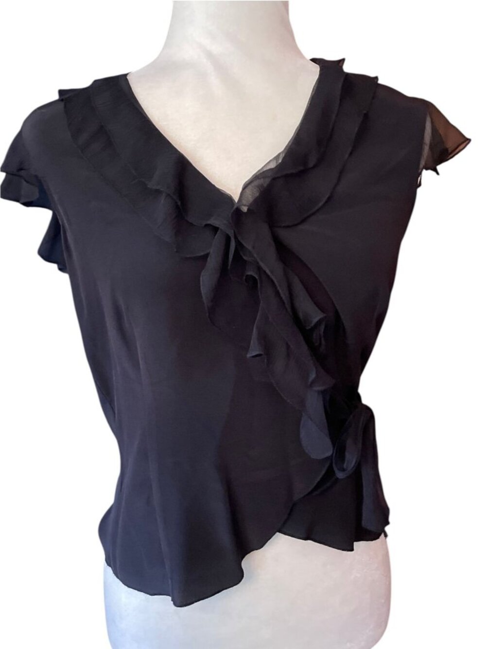 Vintage Allison Taylor 100% Silk Ruffle Blouse Black Sheer Whimsygoth Top SZ S